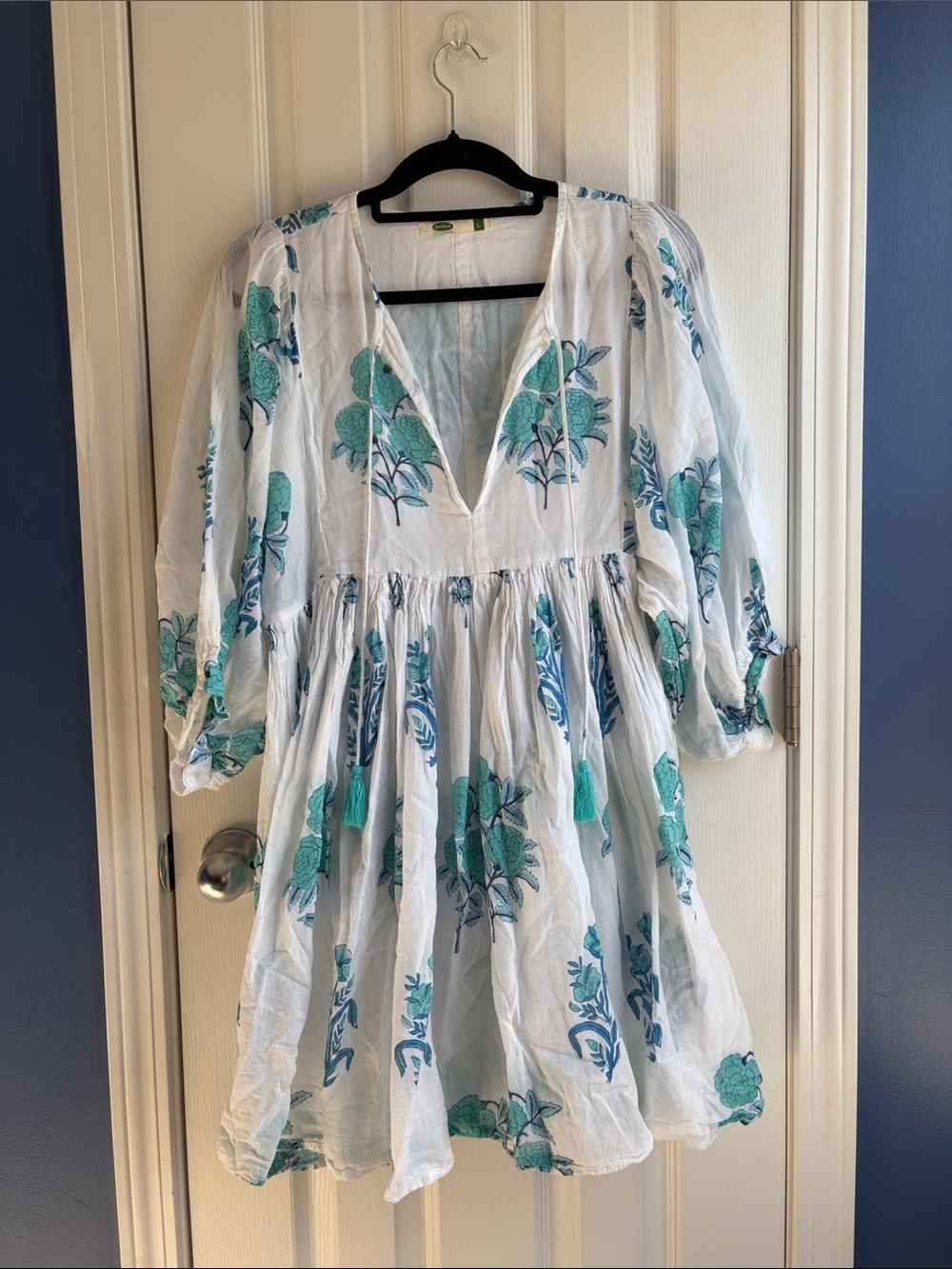 Dolma Floral Cotton Block Printed Mini Dress Size L White Turq